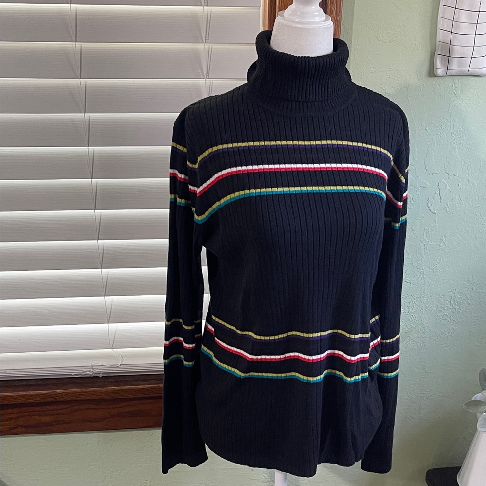 Vintage Evan Picone Black Turtleneck Sweater with Multicolor Stripes